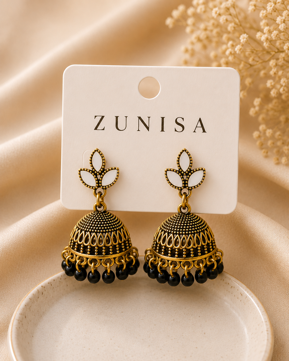 Black Beaded Jhumka Earrings